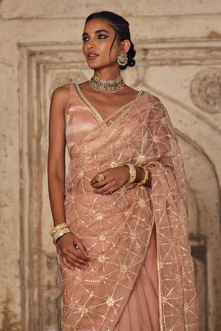Buy Kritika Dawar Pink Organza, Gota Patti, Pearls V-neck Sheer Saree Set Online at Aza Fashions Buy_Kritika Dawar_Pink Organza, Gota Patti, Pearls V-neck Sheer Saree Set _Online_at_Aza_Fashions