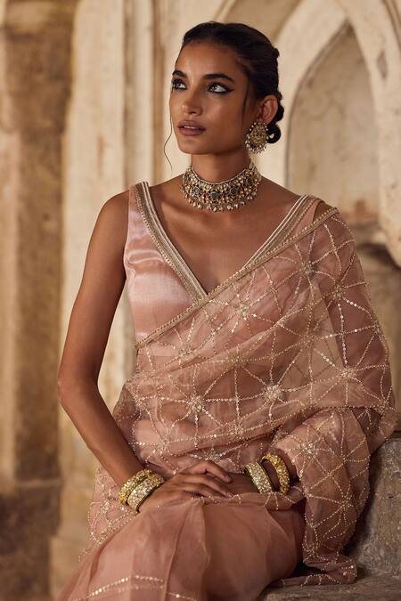 Shop Kritika Dawar Pink Organza, Gota Patti, Pearls V-neck Sheer Saree Set Online at Aza Fashions Shop_Kritika Dawar_Pink Organza, Gota Patti, Pearls V-neck Sheer Saree Set _Online_at_Aza_Fashions