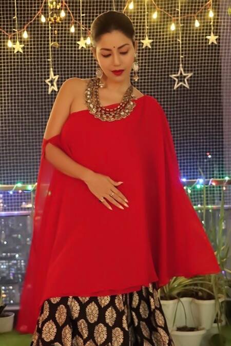 Buy Monk & Mei By Sonia Anand Red Crepe One Shoulder Maroon Flared Tunic Online at Aza Fashions Buy_Monk & Mei By Sonia Anand_Red Crepe One Shoulder Maroon Flared Tunic _Online_at_Aza_Fashions