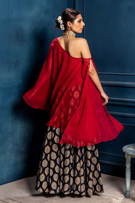 Monk & Mei By Sonia Anand Maroon One Shoulder Flared Tunic 