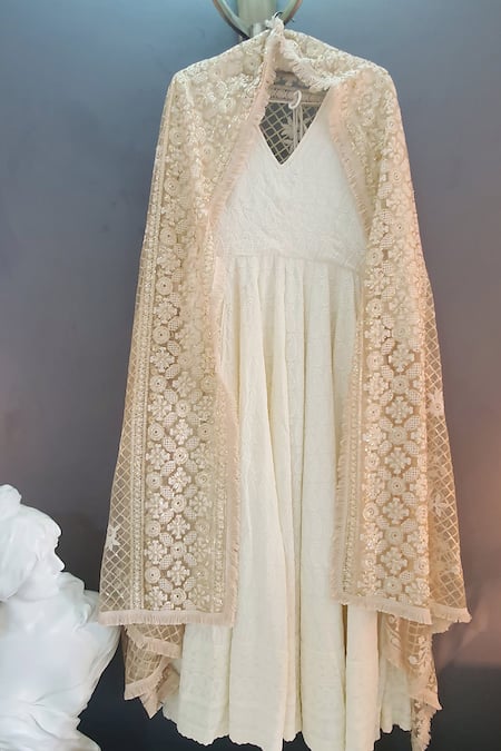 MONK & MEI BY SONIA ANAND Gold Net Embroidery Zari Jaal Dupatta 