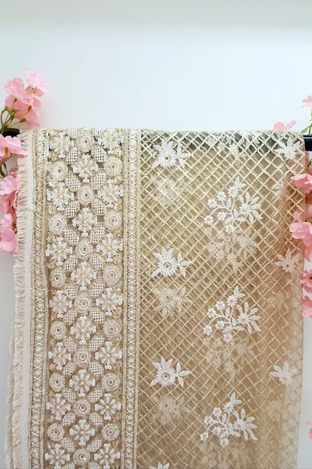 Monk & Mei By Sonia Anand_Gold Net Embroidery Zari Jaal Dupatta _Online_at_Aza_Fashions