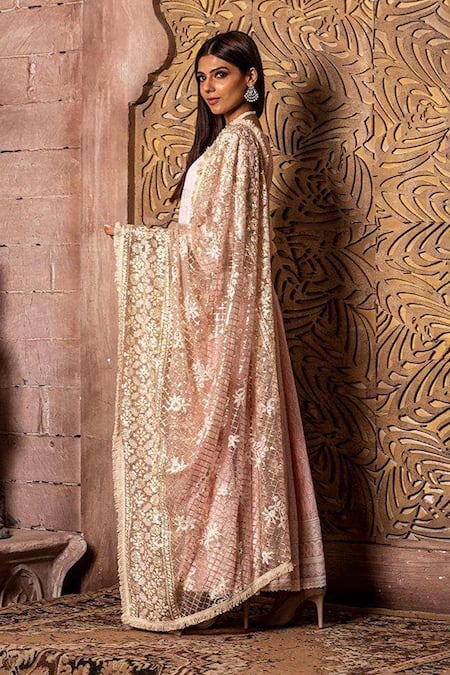 MONK & MEI BY SONIA ANAND Pink Net Embroidery Zari Jaal Dupatta 