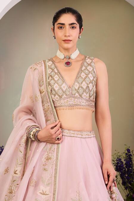 Sue Mue_Pink Silk Organza Sequins, Beads, Pearls Classic Floral Embroidered Lehenga Set _Online_at_Aza_Fashions