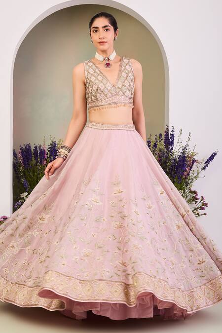 Buy_Sue Mue_Pink Silk Organza Sequins, Beads, Pearls Classic Floral Embroidered Lehenga Set _Online_at_Aza_Fashions