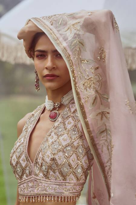 Shop_Sue Mue_Pink Silk Organza Sequins, Beads, Pearls Classic Floral Embroidered Lehenga Set _Online_at_Aza_Fashions