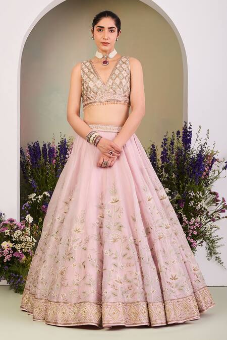 Sue Mue_Pink Silk Organza Sequins, Beads, Pearls Classic Floral Embroidered Lehenga Set _at_Aza_Fashions