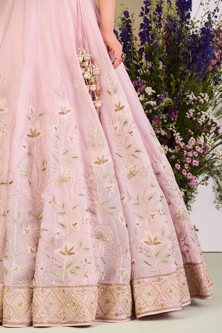 Buy_Sue Mue_Pink Silk Organza Sequins, Beads, Pearls Classic Floral Embroidered Lehenga Set 
