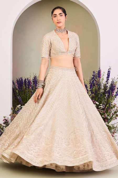 Buy Sue Mue Beige , , Cotton, Sequins, Embroidered Lehenga Set Online at Aza Fashions Buy_Sue Mue_Beige , , Cotton, Sequins, Embroidered Lehenga Set _Online_at_Aza_Fashions
