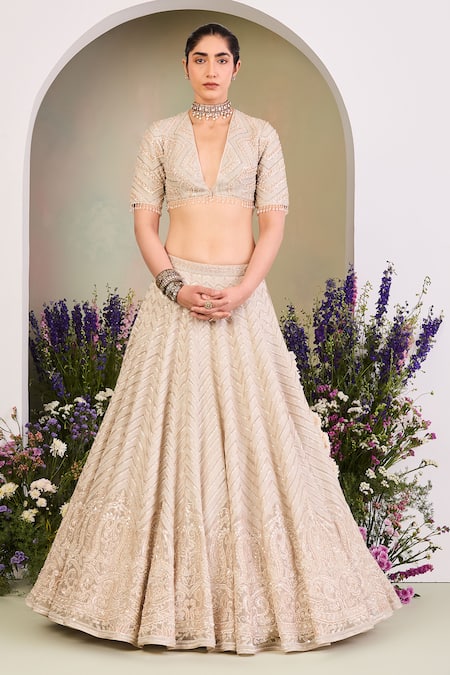 Shop Sue Mue Beige , , Cotton, Sequins, Embroidered Lehenga Set Online at Aza Fashions Shop_Sue Mue_Beige , , Cotton, Sequins, Embroidered Lehenga Set _Online_at_Aza_Fashions