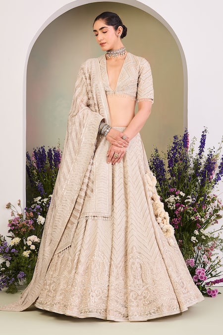Sue Mue Beige Embroidered Lehenga Set 