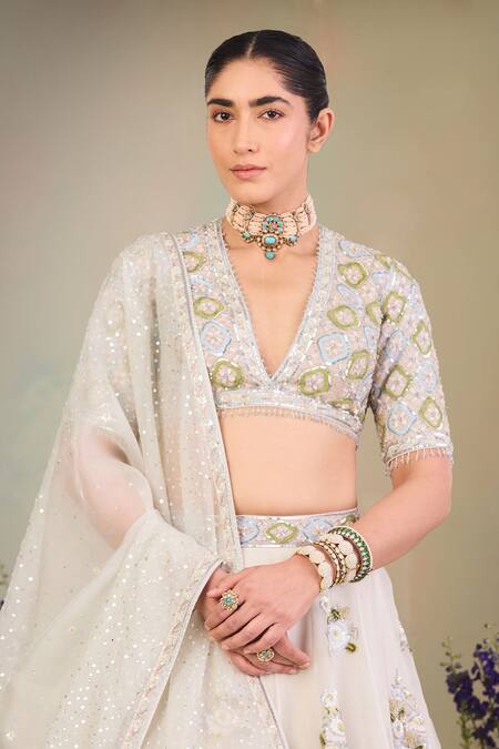Sue Mue_Green Organza, Beads, Sequins, Pearls, Floral Lehenga Set _Online_at_Aza_Fashions