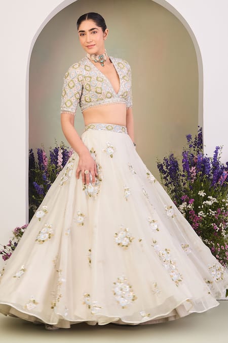 Shop_Sue Mue_Green Organza, Beads, Sequins, Pearls, Floral Lehenga Set _Online_at_Aza_Fashions