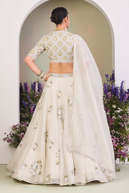 Sue Mue Floral Embroidered Silk Organza Lehenga Set 