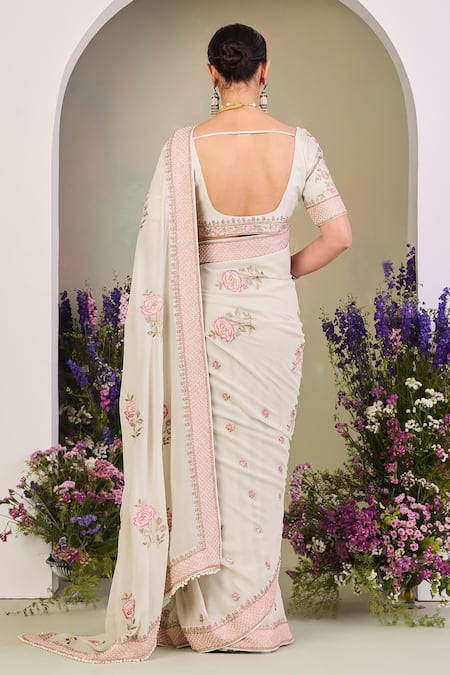 Sue Mue Floral Embroidered Georgette Saree Set 