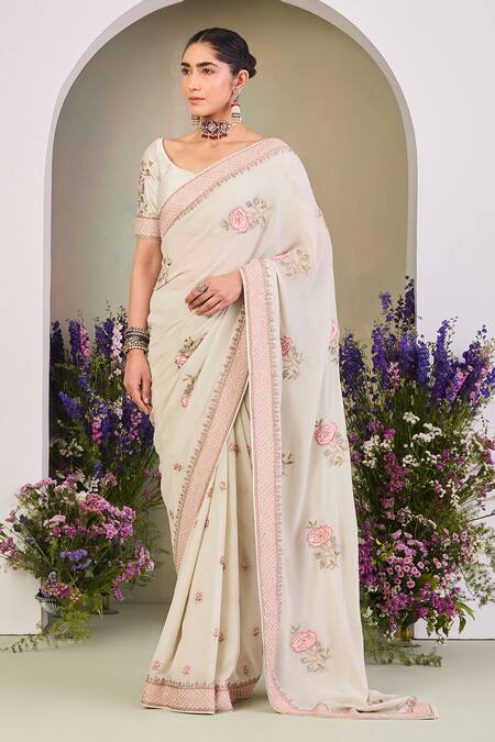 Sue Mue Green Georgette Sequins, Beads Round Neck Floral Embroidered Saree Set at Aza Fashions Sue Mue_Green Georgette Sequins, Beads Round Neck Floral Embroidered Saree Set _at_Aza_Fashions