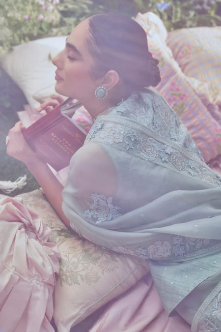 Sue Mue Sage Green 3D Embroidered Saree Set 