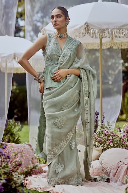 Sue Mue Green Organza, Sequins, Beads V-neck Sage 3d Embroidered Saree Set 