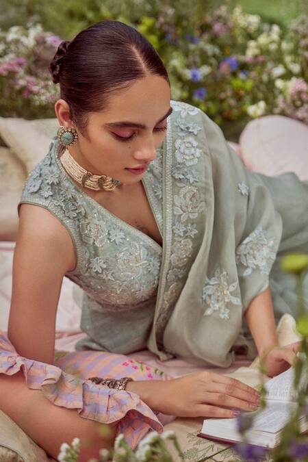 Shop Sue Mue Green Organza, Sequins, Beads V-neck Sage 3d Embroidered Saree Set Online at Aza Fashions Shop_Sue Mue_Green Organza, Sequins, Beads V-neck Sage 3d Embroidered Saree Set _Online_at_Aza_Fashions