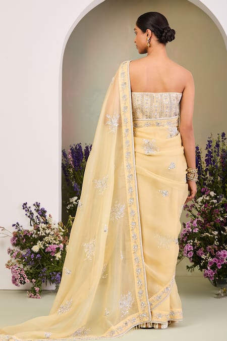 Sue Mue Pastel Yellow Embroidered Saree & Corset Blouse 