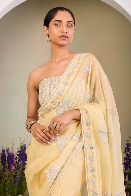 Sue Mue Yellow Organza, Sequins, Zari, Beads, Pastel Saree And Corset Blouse Online at Aza Fashions Sue Mue_Yellow Organza, Sequins, Zari, Beads, Pastel Saree And Corset Blouse _Online_at_Aza_Fashions