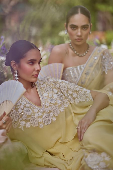 Shop Sue Mue Yellow Organza, Sequins, Zari, Beads, Pastel Saree And Corset Blouse Online at Aza Fashions Shop_Sue Mue_Yellow Organza, Sequins, Zari, Beads, Pastel Saree And Corset Blouse _Online_at_Aza_Fashions