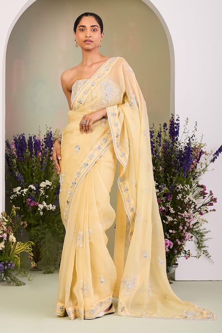 Sue Mue Yellow Organza, Sequins, Zari, Beads, Pastel Saree And Corset Blouse at Aza Fashions Sue Mue_Yellow Organza, Sequins, Zari, Beads, Pastel Saree And Corset Blouse _at_Aza_Fashions