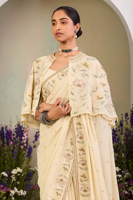 Sue Mue Yellow Georgette Sequins, Embroidery, Beads Round Neck Light Saree Set Online at Aza Fashions Sue Mue_Yellow Georgette Sequins, Embroidery, Beads Round Neck Light Saree Set _Online_at_Aza_Fashions