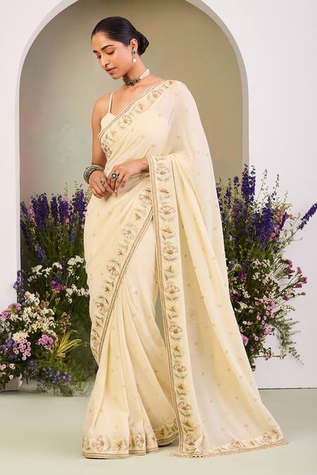 Buy Sue Mue Yellow Georgette Sequins, Embroidery, Beads Round Neck Light Saree Set Online at Aza Fashions Buy_Sue Mue_Yellow Georgette Sequins, Embroidery, Beads Round Neck Light Saree Set _Online_at_Aza_Fashions