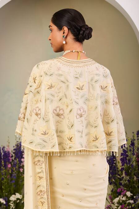 Shop Sue Mue Yellow Georgette Sequins, Embroidery, Beads Round Neck Light Saree Set Online at Aza Fashions Shop_Sue Mue_Yellow Georgette Sequins, Embroidery, Beads Round Neck Light Saree Set _Online_at_Aza_Fashions