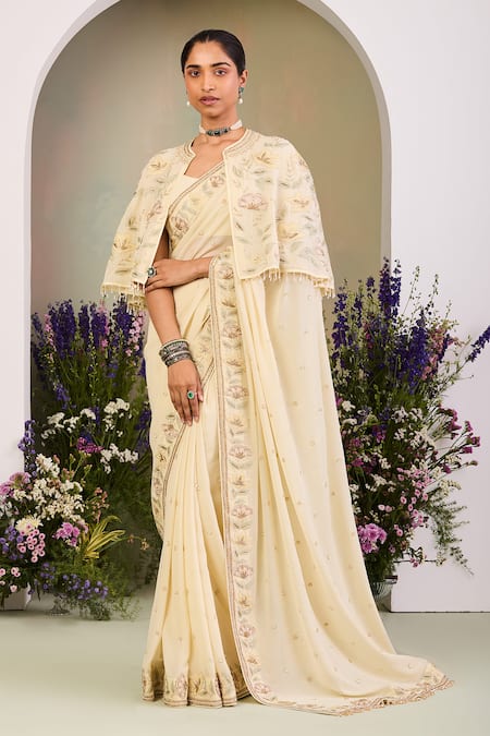 Sue Mue Yellow Georgette Sequins, Embroidery, Beads Round Neck Light Saree Set 