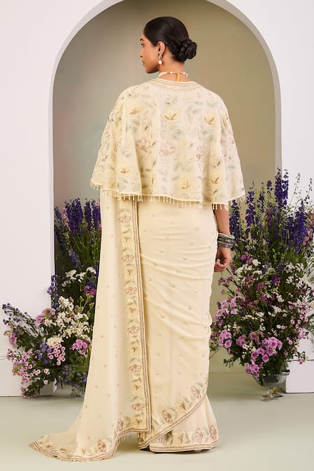 Sue Mue Light Yellow Embroidered Saree Set 