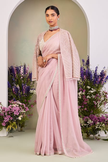 Sue Mue Pink Sequins, Beads Sweetheart , Round Pastel Embroidered Saree Set 