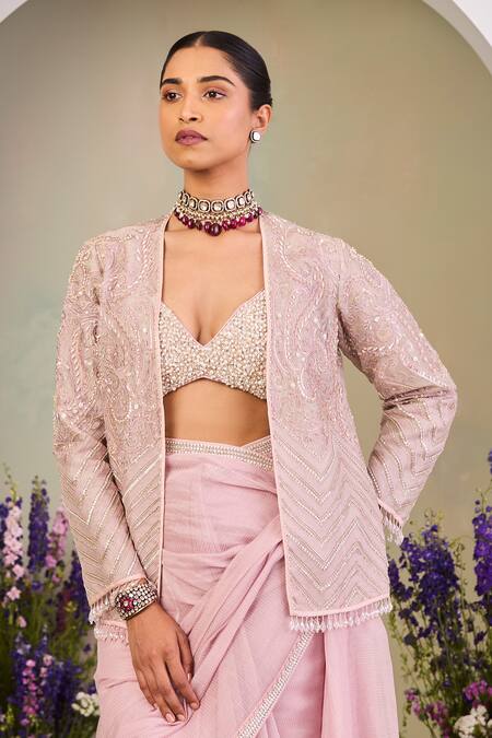 Shop Sue Mue Pink Sequins, Beads Sweetheart , Round Pastel Embroidered Saree Set Online at Aza Fashions Shop_Sue Mue_Pink Sequins, Beads Sweetheart , Round Pastel Embroidered Saree Set _Online_at_Aza_Fashions