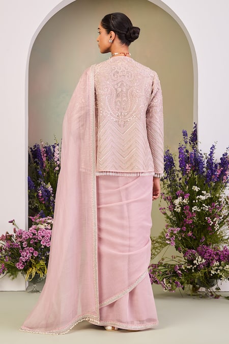Sue Mue Pastel Pink Embroidered Saree Set 