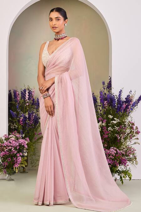 Sue Mue Pink Sequins, Beads Sweetheart , Round Pastel Embroidered Saree Set at Aza Fashions Sue Mue_Pink Sequins, Beads Sweetheart , Round Pastel Embroidered Saree Set _at_Aza_Fashions