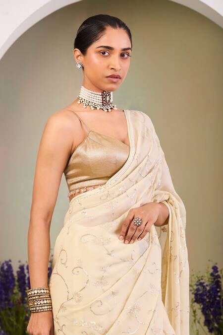 Sue Mue Gold Chiffon Sequins, Zari Sweetheart Neck Light Yellow And Embroidered Saree Set Online at Aza Fashions Sue Mue_Gold Chiffon Sequins, Zari Sweetheart Neck Light Yellow And Embroidered Saree Set _Online_at_Aza_Fashions
