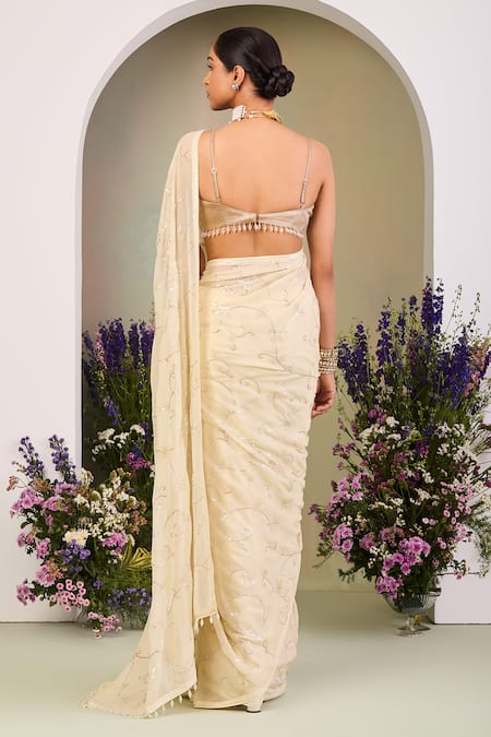 Sue Mue Light Yellow & Gold Embroidered Saree Set 