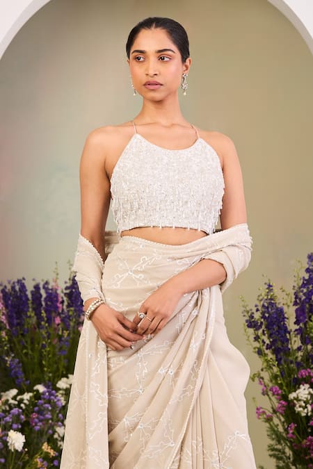 Sue Mue_Beige Georgette Pearls, Sequins, Stones Round Neck Embroidered Pure Saree Set _Online_at_Aza_Fashions