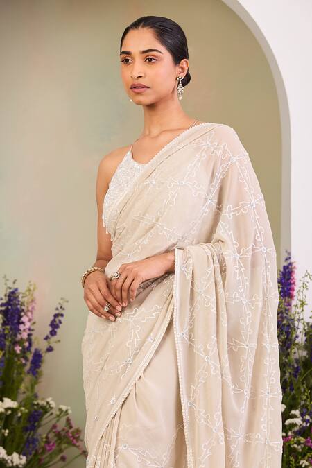 Buy_Sue Mue_Beige Georgette Pearls, Sequins, Stones Round Neck Embroidered Pure Saree Set _Online_at_Aza_Fashions