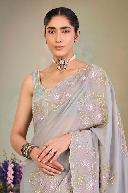 Sue Mue_Gray Georgette Pearls, Beads, Sequins Round Neck Grey Embroidered Saree Set _Online_at_Aza_Fashions