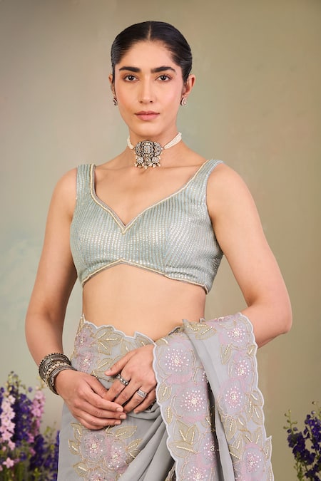 Buy_Sue Mue_Gray Georgette Pearls, Beads, Sequins Round Neck Grey Embroidered Saree Set _Online_at_Aza_Fashions