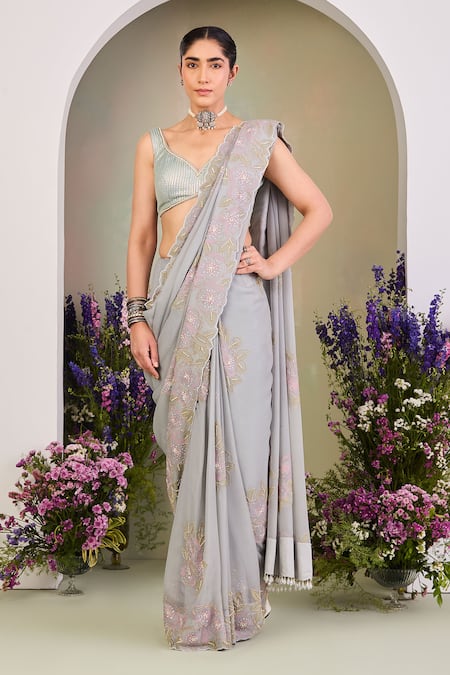 Shop_Sue Mue_Gray Georgette Pearls, Beads, Sequins Round Neck Grey Embroidered Saree Set _Online_at_Aza_Fashions