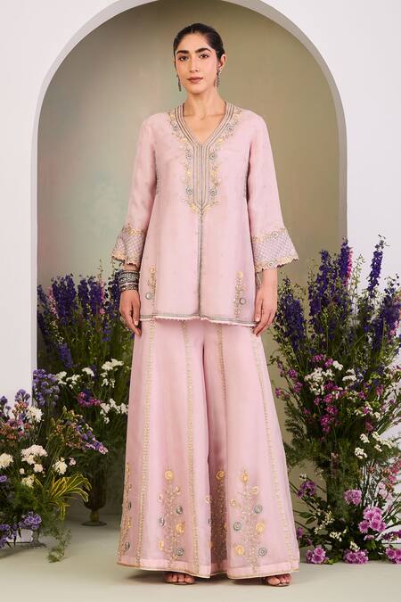 Shop Sue Mue Pink Silk Organza Sequins, Beads, Embroidery Split V-neck Pastel Kurta Set Online at Aza Fashions Shop_Sue Mue_Pink Silk Organza Sequins, Beads, Embroidery Split V-neck Pastel Kurta Set _Online_at_Aza_Fashions