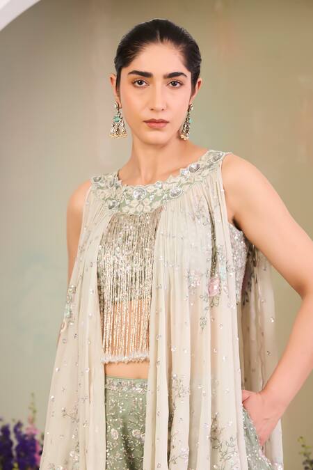 Sue Mue Green Silk Organza, Georgette Sequins, Sage Floral Embroidered Sharara Set Online at Aza Fashions Sue Mue_Green Silk Organza, Georgette Sequins, Sage Floral Embroidered Sharara Set _Online_at_Aza_Fashions