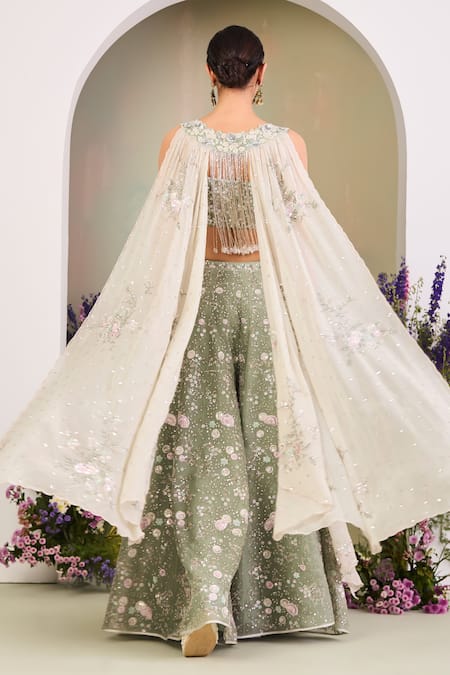Shop Sue Mue Green Silk Organza, Georgette Sequins, Sage Floral Embroidered Sharara Set at Aza Fashions Shop_Sue Mue_Green Silk Organza, Georgette Sequins, Sage Floral Embroidered Sharara Set _at_Aza_Fashions