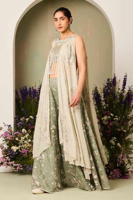 Shop Sue Mue Green Silk Organza, Georgette Sequins, Sage Floral Embroidered Sharara Set Online at Aza Fashions Shop_Sue Mue_Green Silk Organza, Georgette Sequins, Sage Floral Embroidered Sharara Set _Online_at_Aza_Fashions