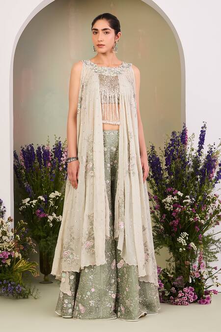 Sue Mue Green Silk Organza, Georgette Sequins, Sage Floral Embroidered Sharara Set at Aza Fashions Sue Mue_Green Silk Organza, Georgette Sequins, Sage Floral Embroidered Sharara Set _at_Aza_Fashions