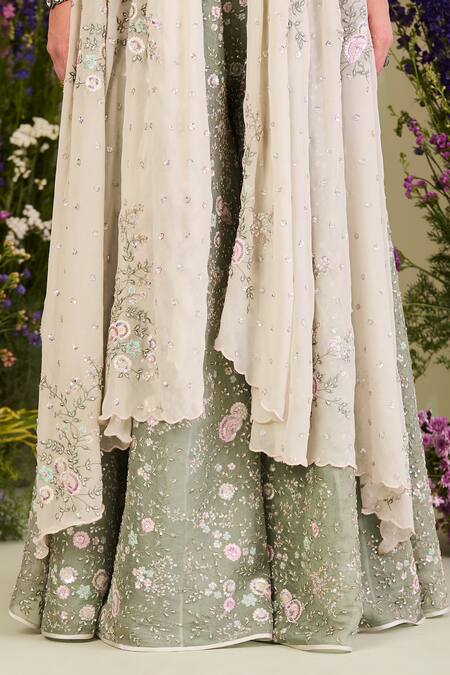 Buy Sue Mue Green Silk Organza, Georgette Sequins, Sage Floral Embroidered Sharara Set Buy_Sue Mue_Green Silk Organza, Georgette Sequins, Sage Floral Embroidered Sharara Set