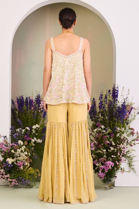 Sue Mue_Yellow Georgette, Chiffon Sequins, Beads, Embroidery Pastel Floral Kurta Set _Online_at_Aza_Fashions